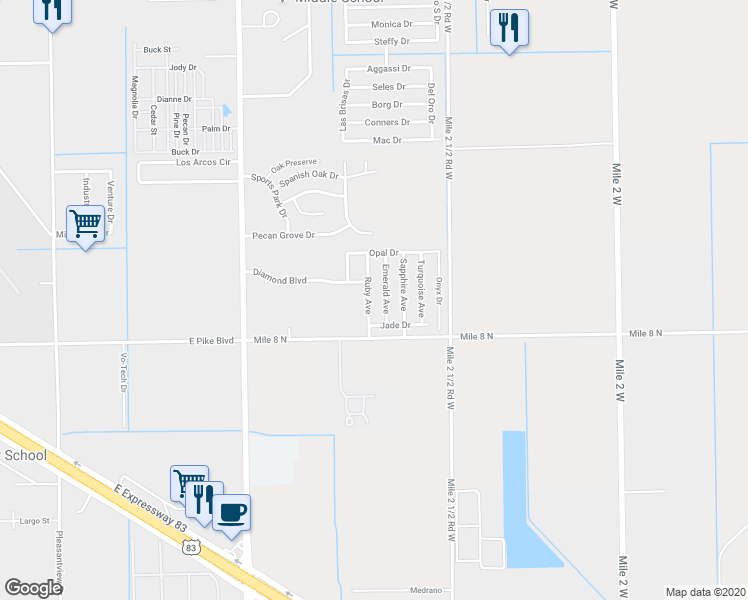 map of restaurants, bars, coffee shops, grocery stores, and more near 1010 Ruby Avenue in Weslaco
