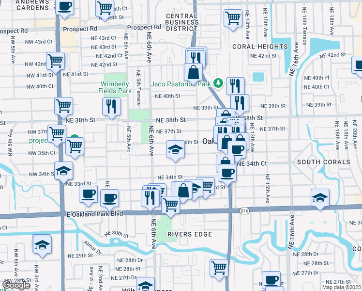 map of restaurants, bars, coffee shops, grocery stores, and more near 846 Northeast 36th Street in Oakland Park