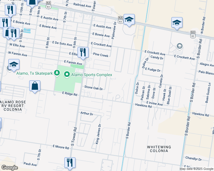 map of restaurants, bars, coffee shops, grocery stores, and more near 820 Pecan Drive in Alamo