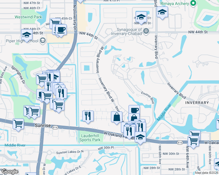 map of restaurants, bars, coffee shops, grocery stores, and more near 3635 Inverrary Boulevard West in Lauderhill