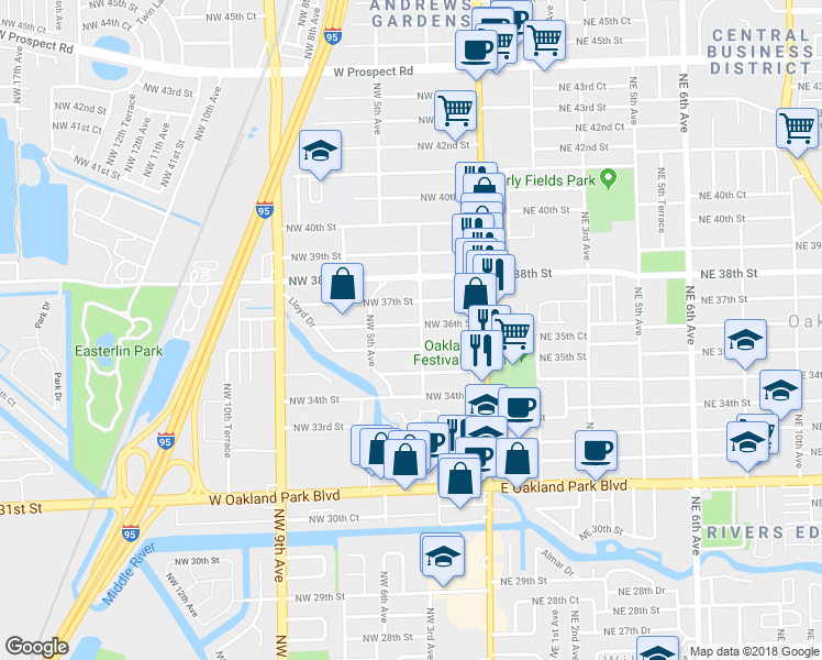 map of restaurants, bars, coffee shops, grocery stores, and more near 340 Northwest 36th Street in Oakland Park