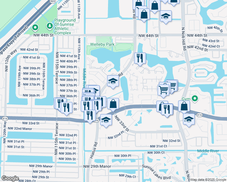 map of restaurants, bars, coffee shops, grocery stores, and more near 3700 Hiatus Road in Sunrise