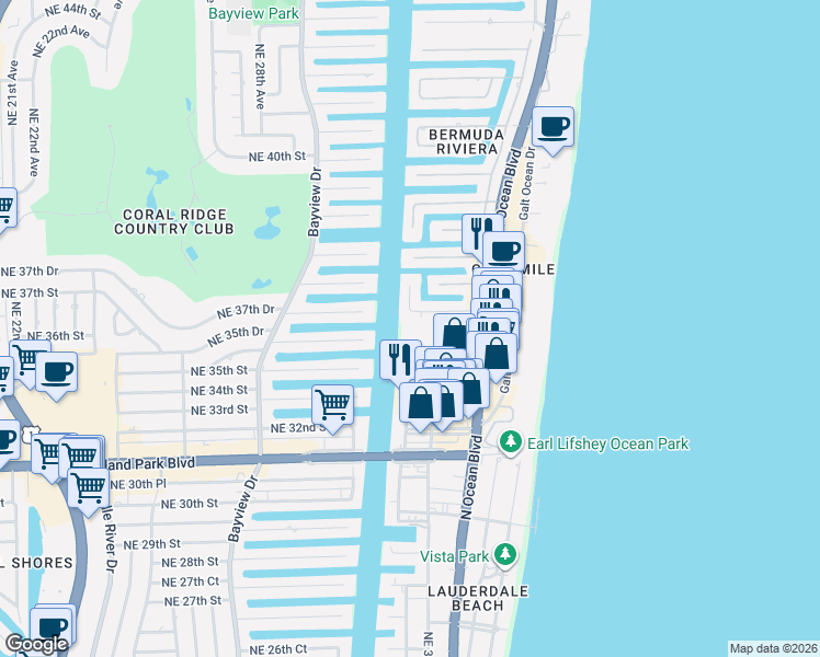 map of restaurants, bars, coffee shops, grocery stores, and more near 3200 Northeast 36th Street in Fort Lauderdale