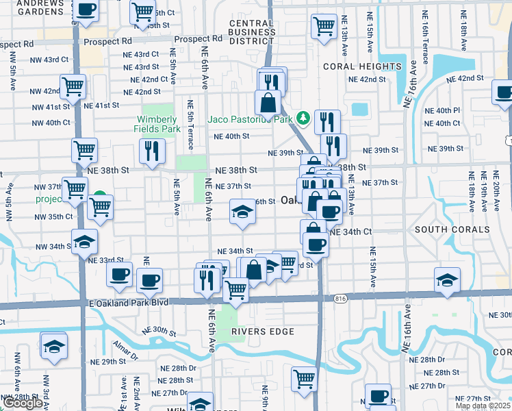 map of restaurants, bars, coffee shops, grocery stores, and more near 846 Northeast 36th Street in Oakland Park