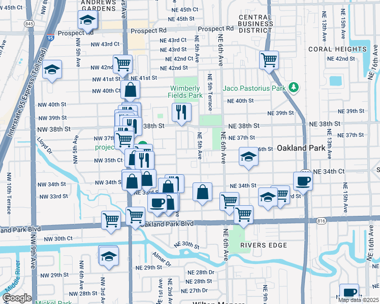 map of restaurants, bars, coffee shops, grocery stores, and more near 350 Northeast 36th Street in Oakland Park
