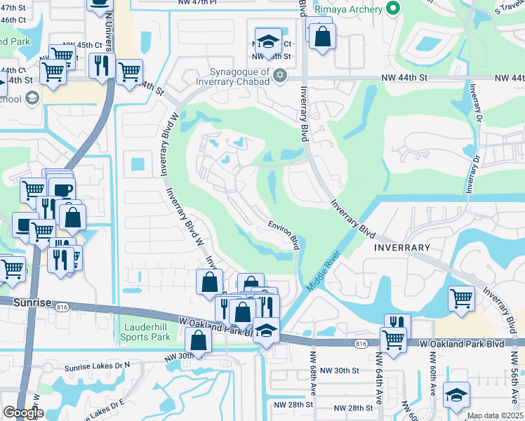 map of restaurants, bars, coffee shops, grocery stores, and more near 3650 Environ Boulevard in Lauderhill