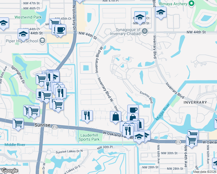 map of restaurants, bars, coffee shops, grocery stores, and more near 3635 Inverrary Boulevard West in Lauderhill