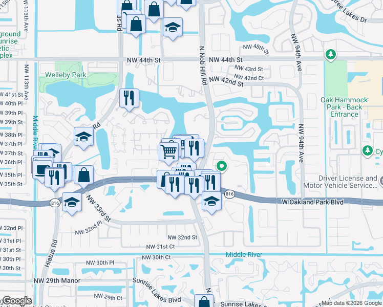 map of restaurants, bars, coffee shops, grocery stores, and more near 10001 Winding Lake Road in Sunrise