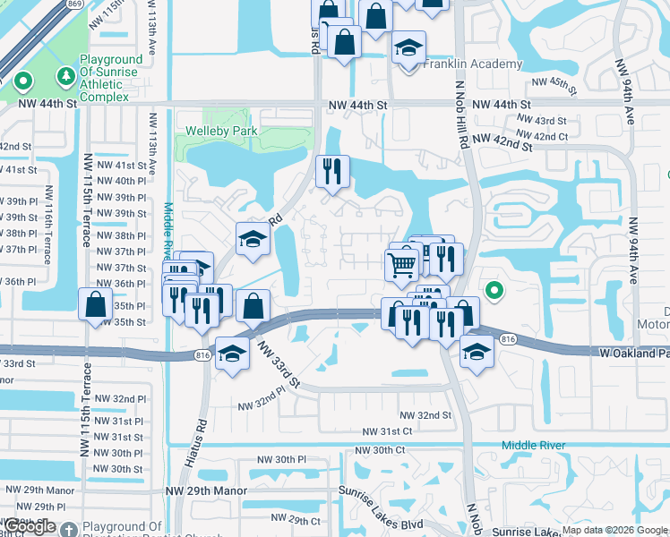 map of restaurants, bars, coffee shops, grocery stores, and more near 10716 Northwest 107th Terrace in Sunrise