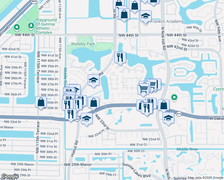 map of restaurants, bars, coffee shops, grocery stores, and more near 3705 Northwest 107th Way in Sunrise