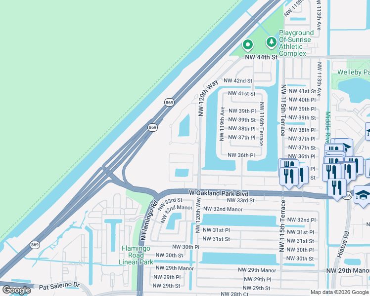 map of restaurants, bars, coffee shops, grocery stores, and more near 12126 Northwest 36th Place in Sunrise