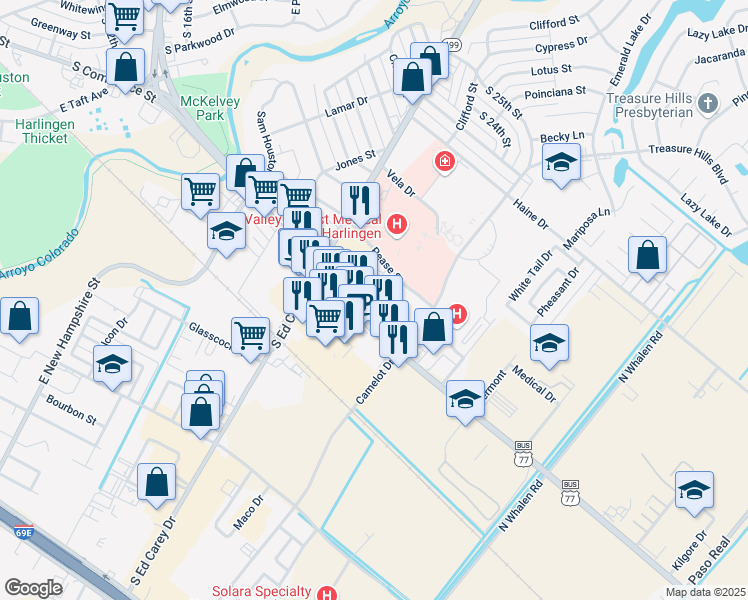 map of restaurants, bars, coffee shops, grocery stores, and more near 2218 Bell Street in Harlingen