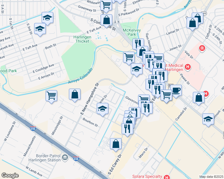 map of restaurants, bars, coffee shops, grocery stores, and more near 1115 Falcon Drive in Harlingen