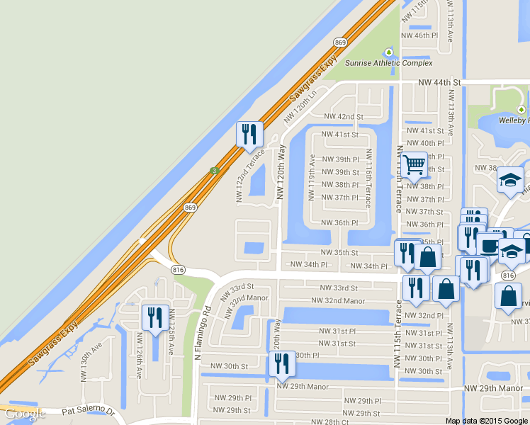 map of restaurants, bars, coffee shops, grocery stores, and more near 12126 Northwest 36th Place in Sunrise