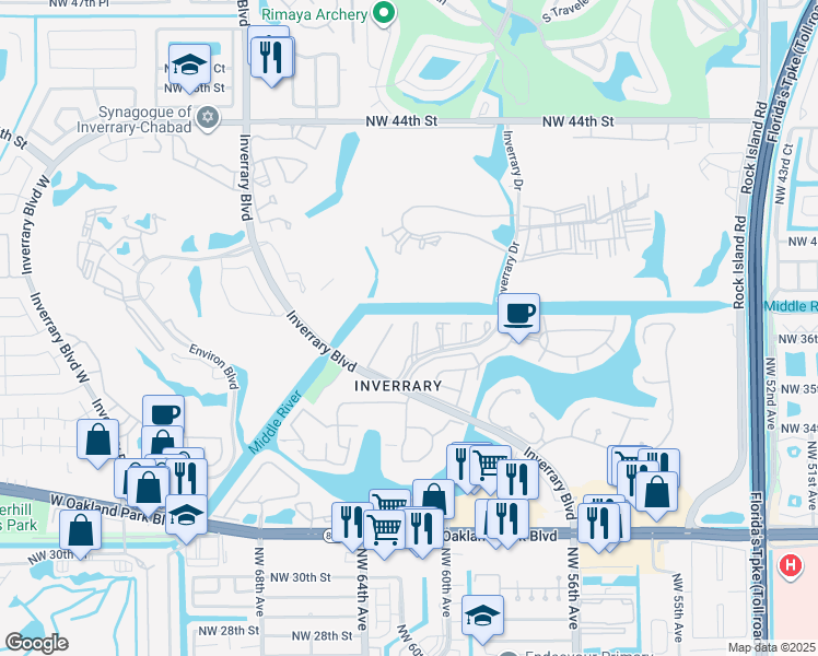 map of restaurants, bars, coffee shops, grocery stores, and more near 3521 Inverrary Drive in Lauderhill