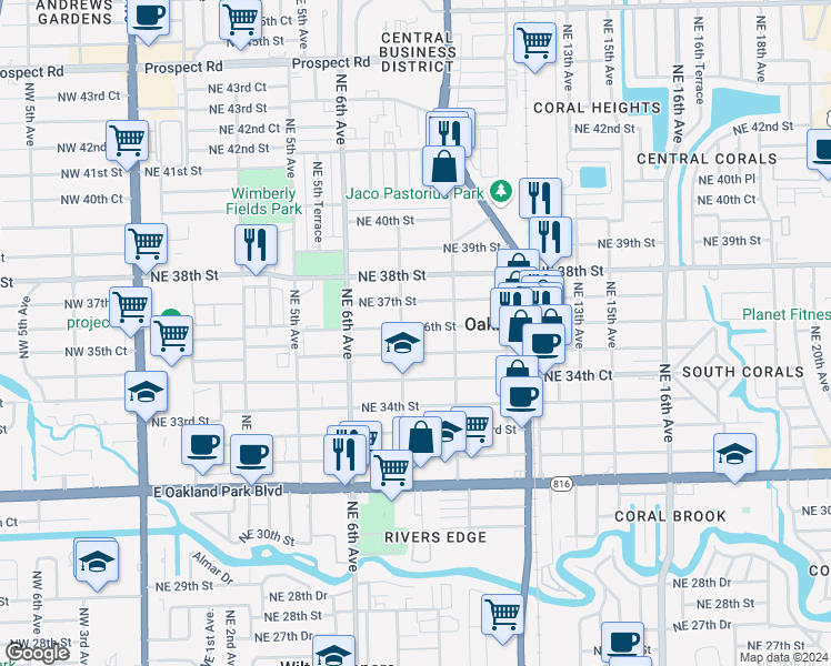 map of restaurants, bars, coffee shops, grocery stores, and more near 846 Northeast 36th Street in Oakland Park
