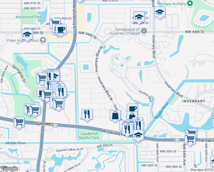 map of restaurants, bars, coffee shops, grocery stores, and more near 3635 Inverrary Boulevard West in Lauderhill