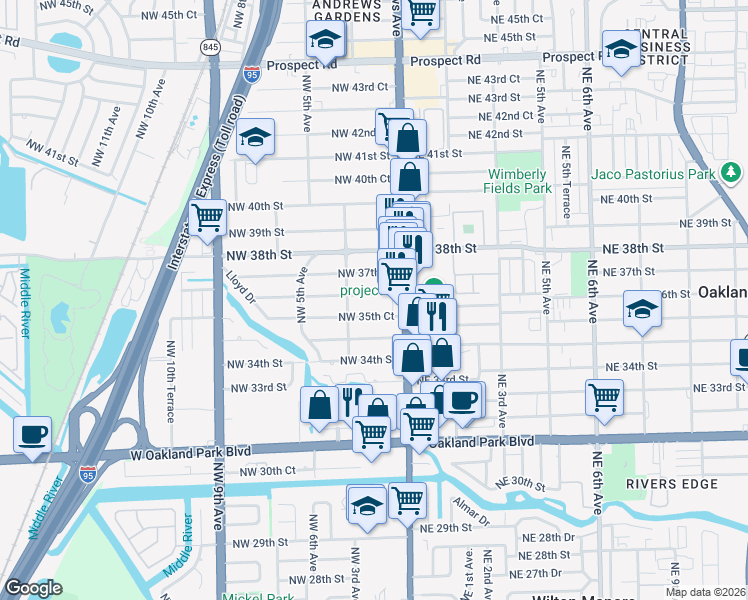 map of restaurants, bars, coffee shops, grocery stores, and more near 140 Northwest 36th Street in Oakland Park