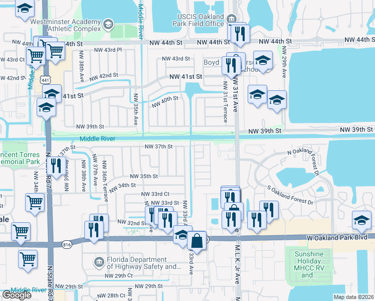 map of restaurants, bars, coffee shops, grocery stores, and more near 3630 Northwest 33rd Avenue in Lauderdale Lakes