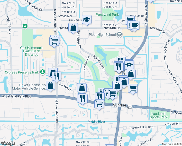 map of restaurants, bars, coffee shops, grocery stores, and more near 8336 Northwest 37th Place in Sunrise