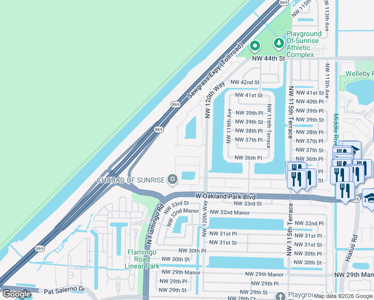 map of restaurants, bars, coffee shops, grocery stores, and more near 12240 Northwest 36th Place in Sunrise