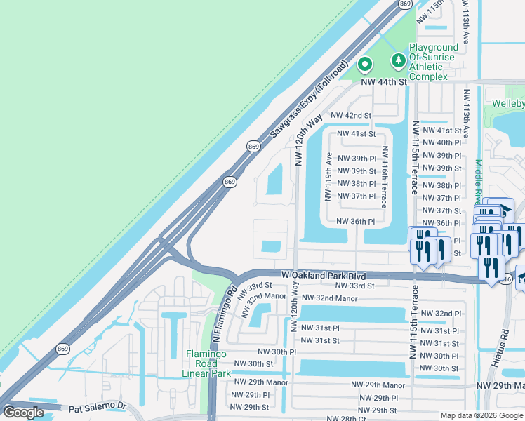 map of restaurants, bars, coffee shops, grocery stores, and more near 12240 Northwest 36th Place in Sunrise