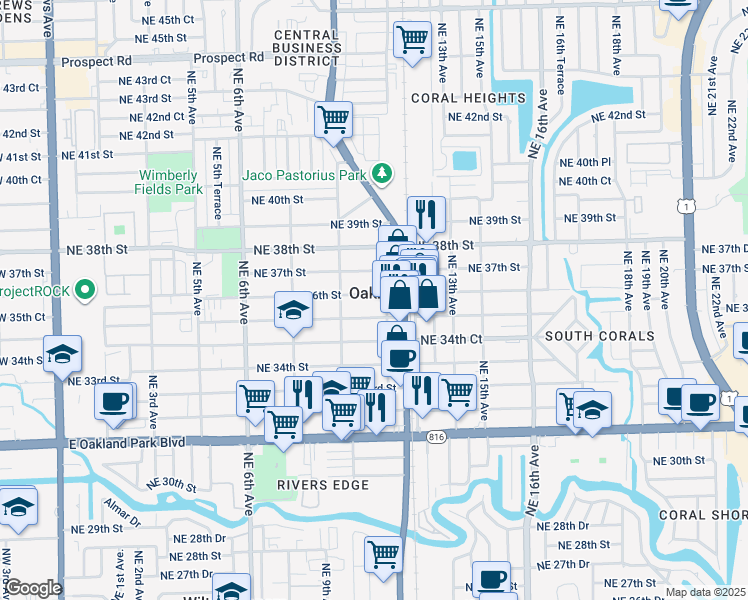 map of restaurants, bars, coffee shops, grocery stores, and more near 1078 Northeast 36th Street in Oakland Park