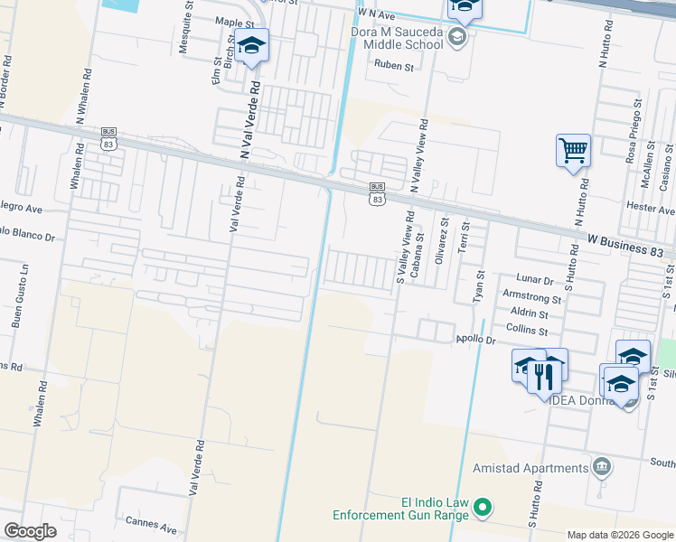map of restaurants, bars, coffee shops, grocery stores, and more near 257 Whileaway Lane in Donna
