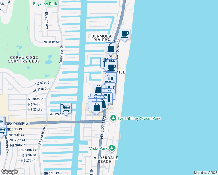 map of restaurants, bars, coffee shops, grocery stores, and more near 3532 North Ocean Boulevard in Fort Lauderdale