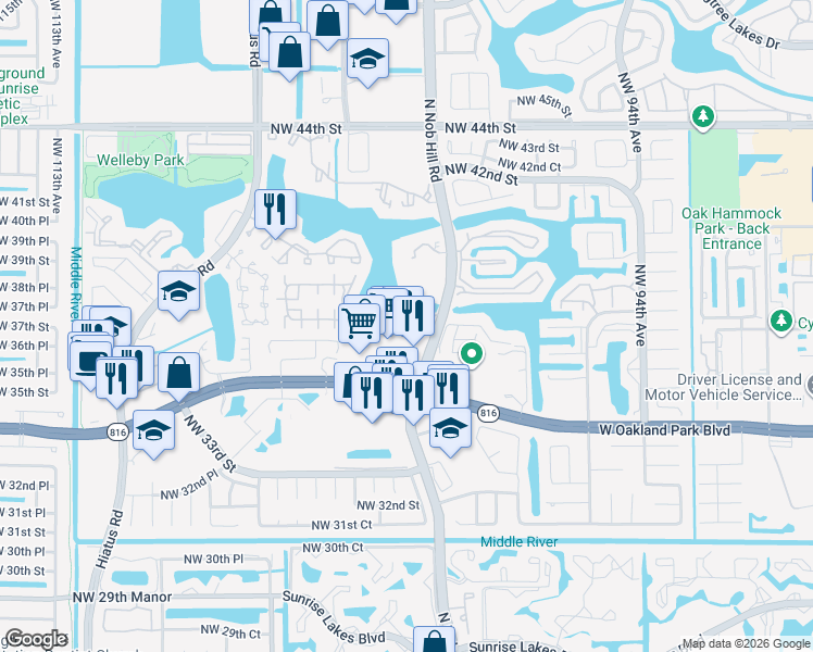 map of restaurants, bars, coffee shops, grocery stores, and more near 10001 Winding Lake Road in Sunrise