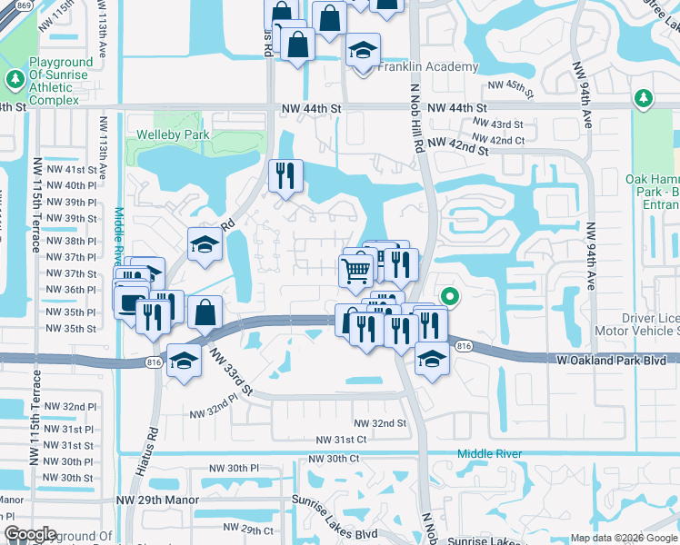 map of restaurants, bars, coffee shops, grocery stores, and more near 10057 Winding Lake Road in Sunrise