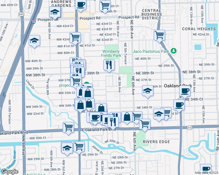 map of restaurants, bars, coffee shops, grocery stores, and more near 350 Northeast 36th Street in Oakland Park