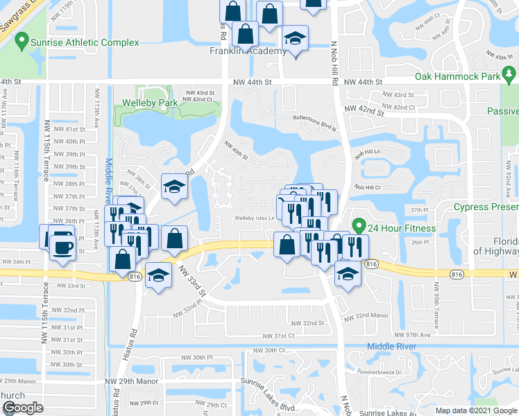 map of restaurants, bars, coffee shops, grocery stores, and more near 156 Winding Lake Road in Sunrise