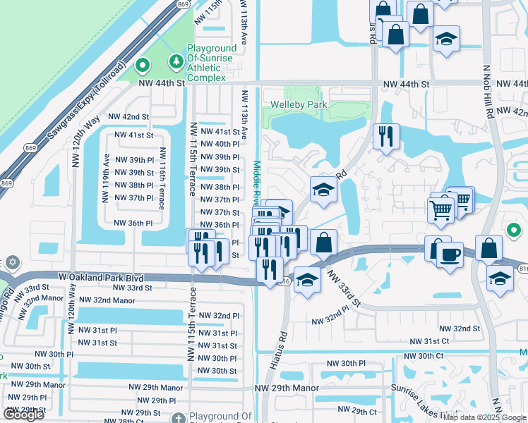 map of restaurants, bars, coffee shops, grocery stores, and more near 3541 Northwest 111th Terrace in Sunrise