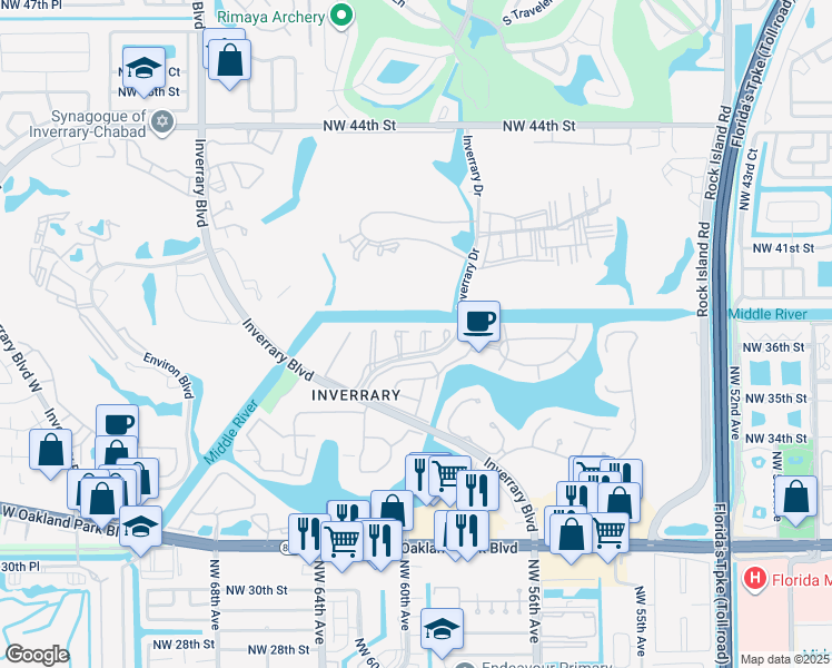 map of restaurants, bars, coffee shops, grocery stores, and more near 3571 Inverrary Drive in Lauderhill