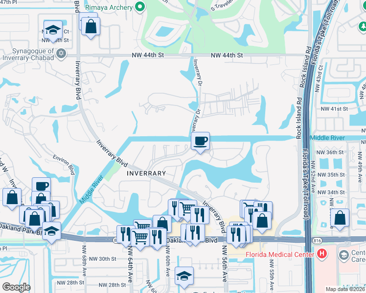 map of restaurants, bars, coffee shops, grocery stores, and more near 3601 Inverrary Drive in Lauderhill