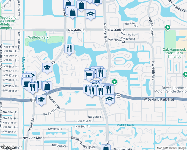 map of restaurants, bars, coffee shops, grocery stores, and more near 10006 Winding Lake Road in Sunrise