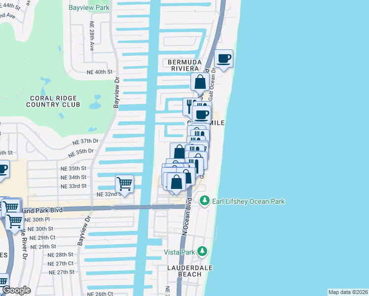 map of restaurants, bars, coffee shops, grocery stores, and more near 3532 North Ocean Boulevard in Fort Lauderdale