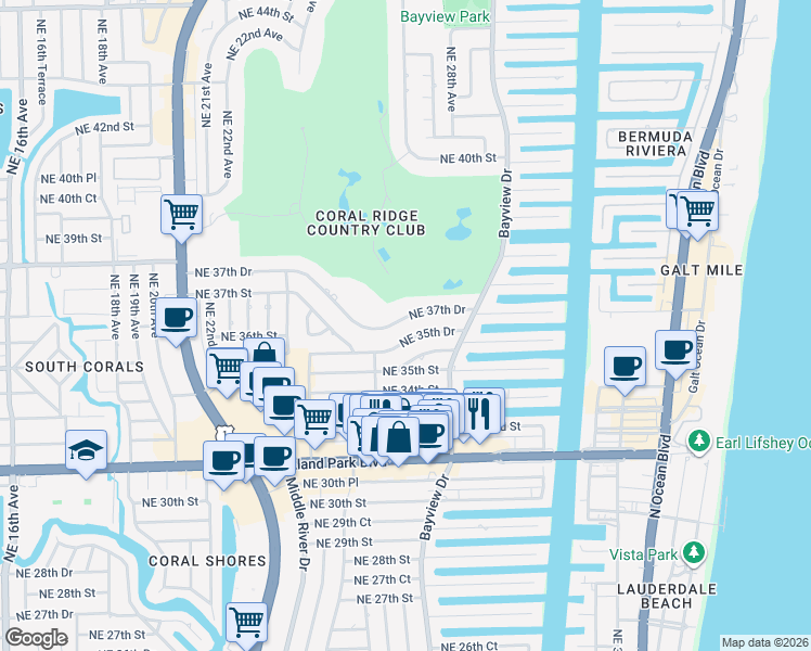 map of restaurants, bars, coffee shops, grocery stores, and more near 2732 Northeast 37th Drive in Fort Lauderdale