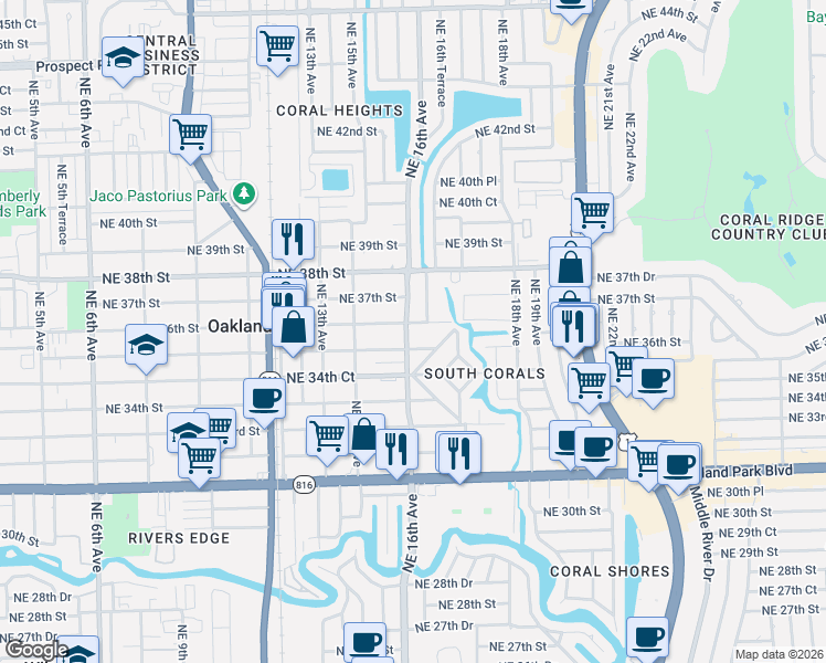 map of restaurants, bars, coffee shops, grocery stores, and more near 1658 Northeast 36th Street in Oakland Park