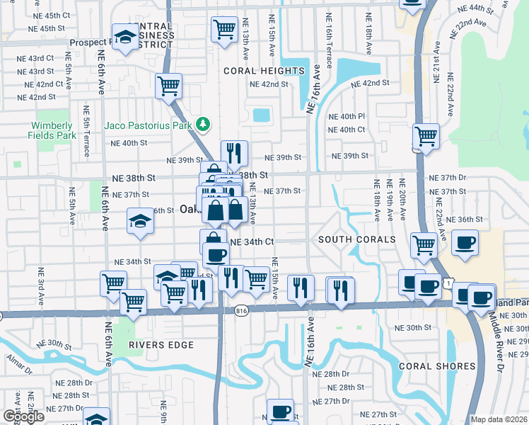 map of restaurants, bars, coffee shops, grocery stores, and more near 3561 Northeast 15th Avenue in Oakland Park
