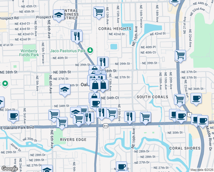map of restaurants, bars, coffee shops, grocery stores, and more near 1274 Northeast 36th Street in Oakland Park