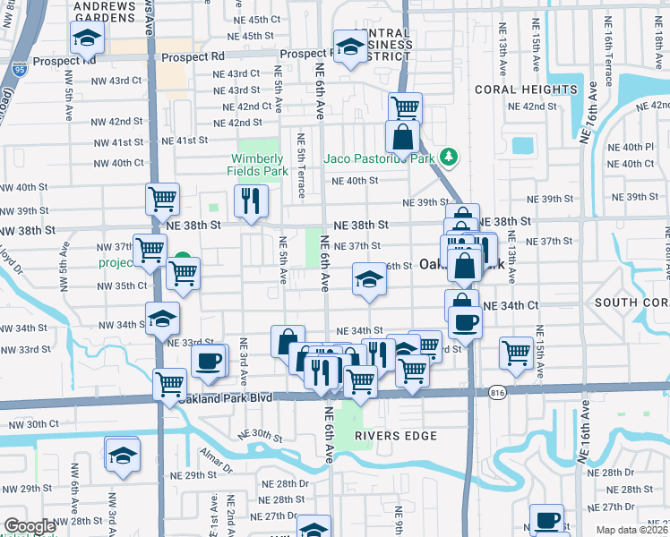 map of restaurants, bars, coffee shops, grocery stores, and more near 698 Northeast 36th Street in Oakland Park