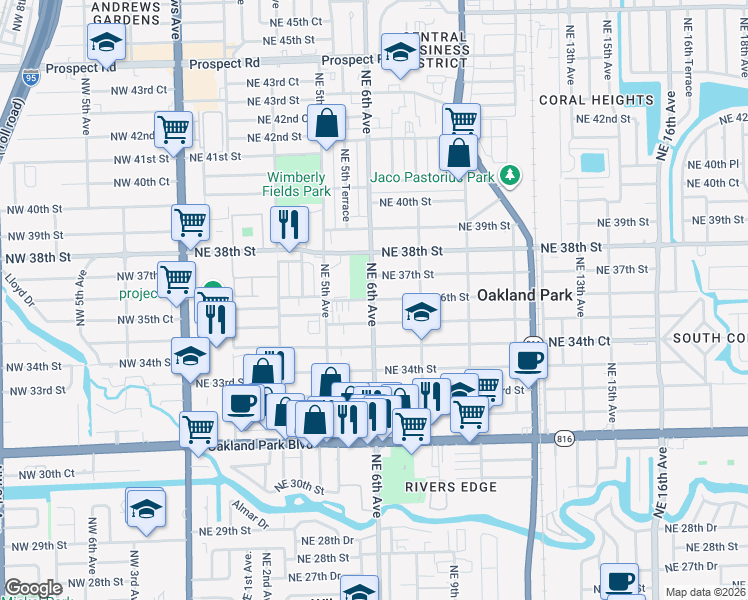 map of restaurants, bars, coffee shops, grocery stores, and more near 580 Northeast 36th Street in Oakland Park