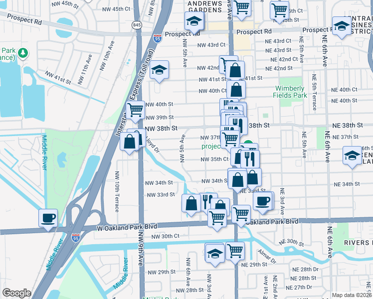 map of restaurants, bars, coffee shops, grocery stores, and more near 470 Northwest 36th Street in Oakland Park