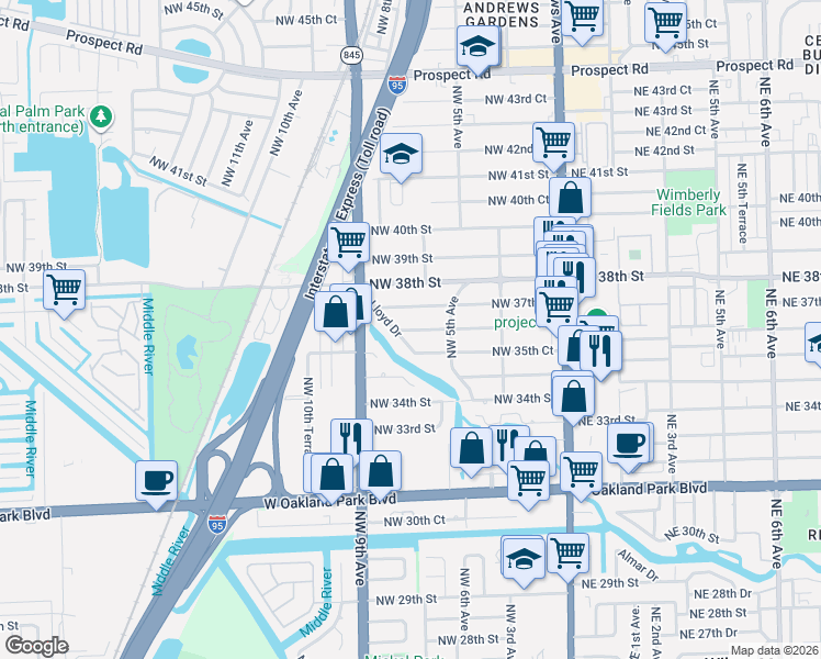 map of restaurants, bars, coffee shops, grocery stores, and more near 760 Northwest 36th Street in Oakland Park