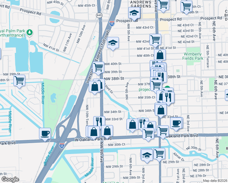 map of restaurants, bars, coffee shops, grocery stores, and more near 760 Northwest 36th Street in Oakland Park