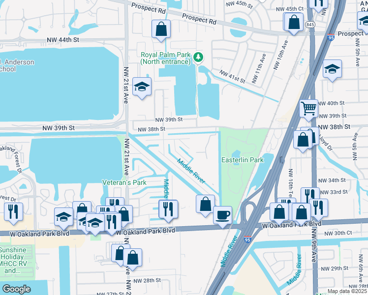 map of restaurants, bars, coffee shops, grocery stores, and more near 3665 Northwest 17th Way in Oakland Park