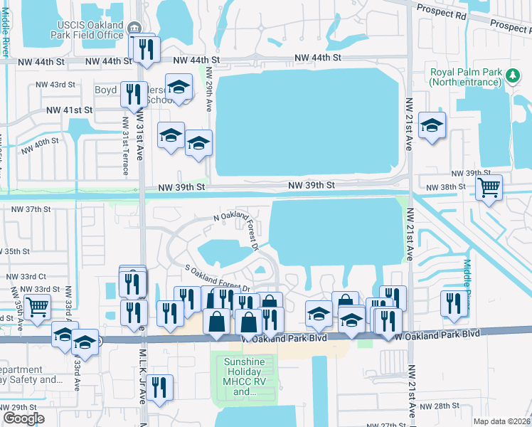 map of restaurants, bars, coffee shops, grocery stores, and more near 2831 North Oakland Forest Drive in Oakland Park