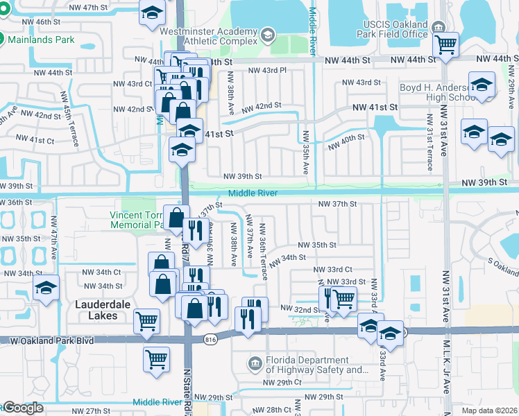 map of restaurants, bars, coffee shops, grocery stores, and more near 3660 Northwest 37th Street in Lauderdale Lakes